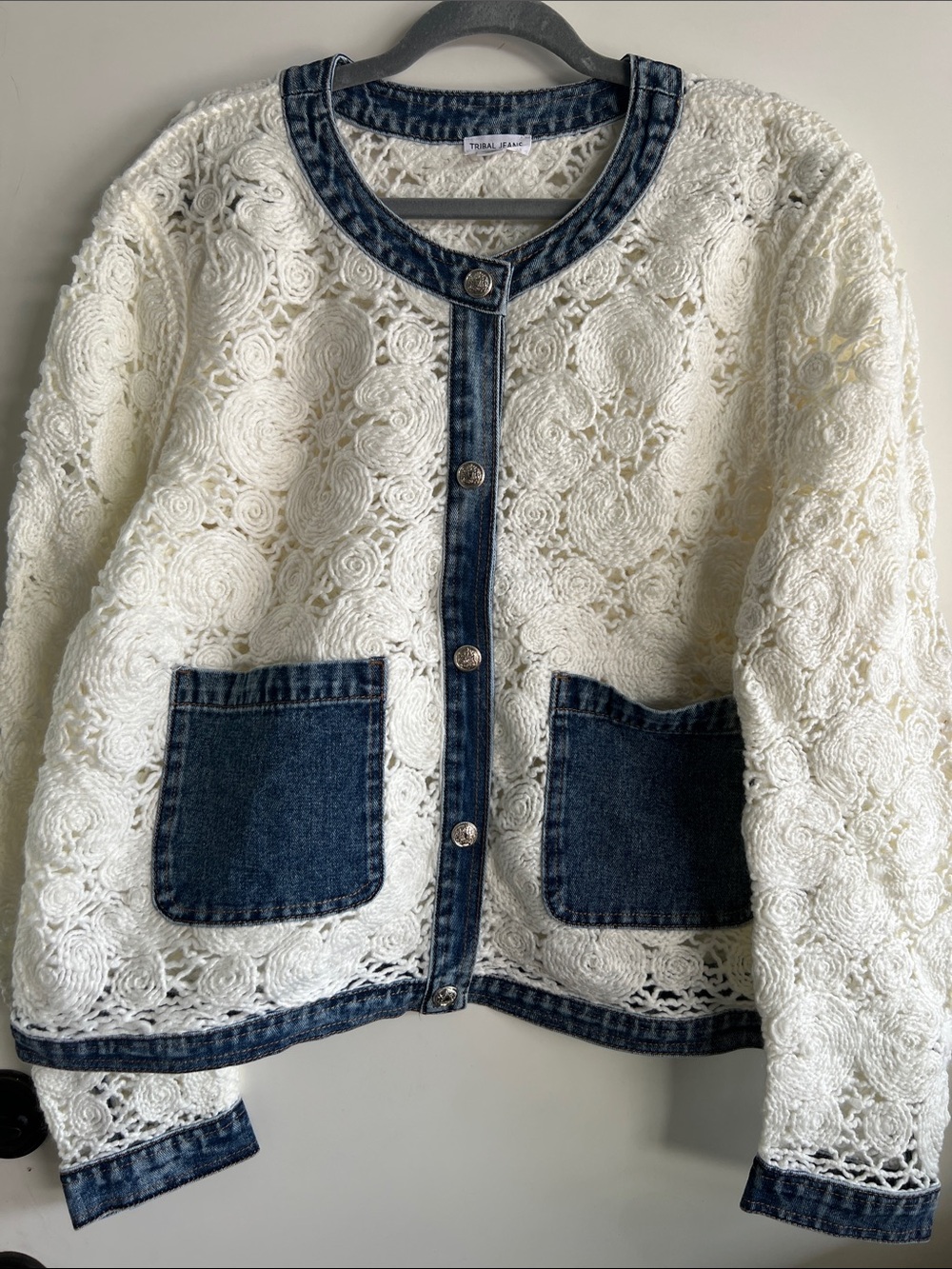 Bluehaven Mixed-Media Cream Crochet & Denim Jacket - Picture 3 of 6